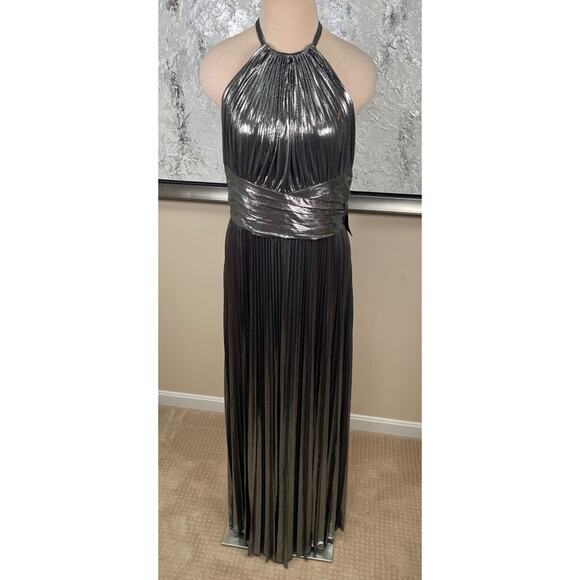 Retrofete Reiss Ruched Pleated Halterneck Metallic Gunmetal Maxi Dress Size L - Picture 3 of 9